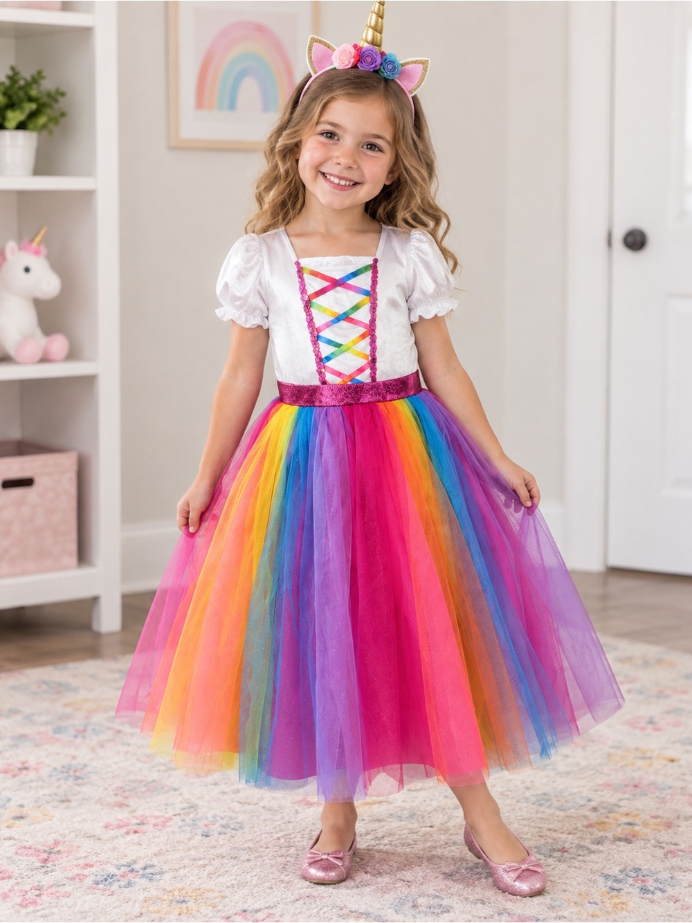 🦄 Dashing Unicorn Costume Dress & Headpiece Set – NWT | Girls size 6–8 Estimate